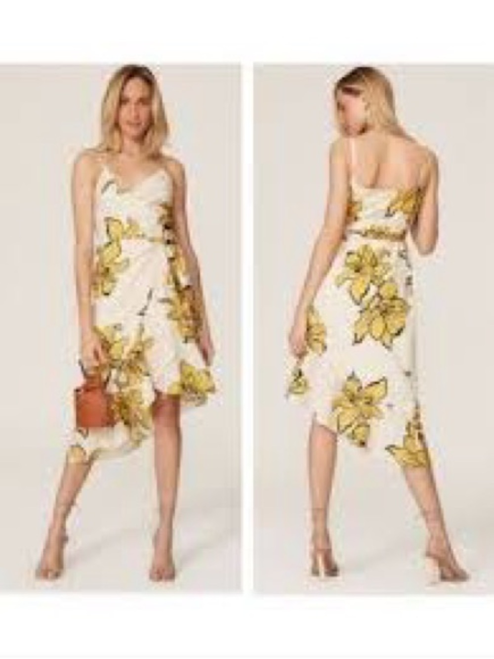 Hutch White Dress with Yellow Floral Print and Asymmetrical Hemline